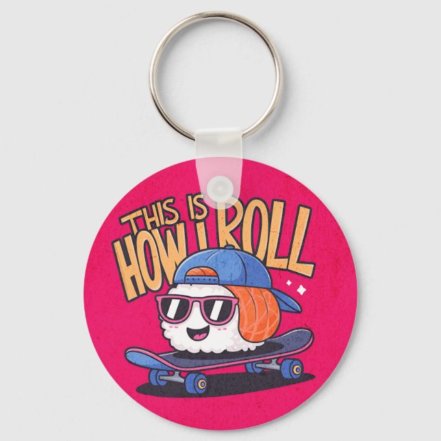 Roligt Kawaii Sushi på skateboard Nyckelring (Framsida)