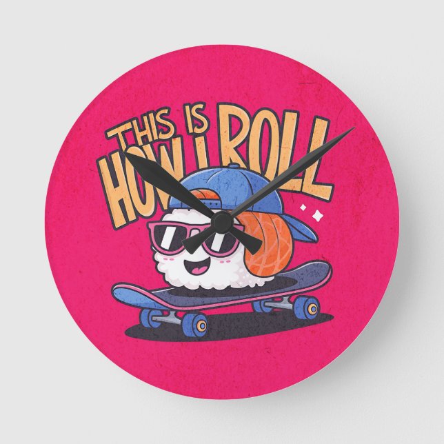 Roligt Kawaii Sushi på skateboard Rund Klocka (Framsida)