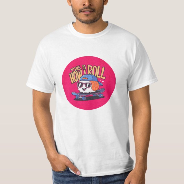 Roligt Kawaii Sushi på skateboard T Shirt (Framsida)