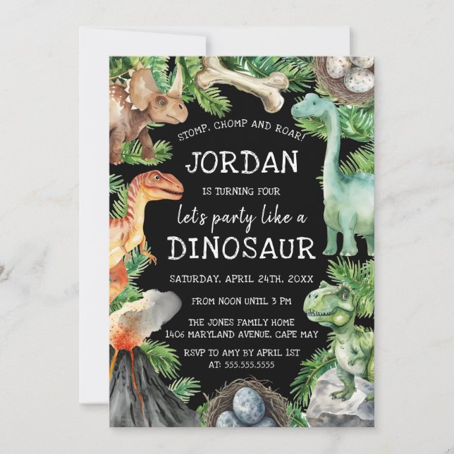 Roligt Kids Dinosaur Birthday Inbjudningar (Framsida)