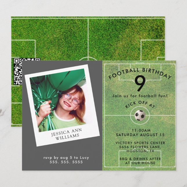 Roligt Kids Football, Photo QR Code Födelsedagsfes Inbjudningar (Fram/baksida)