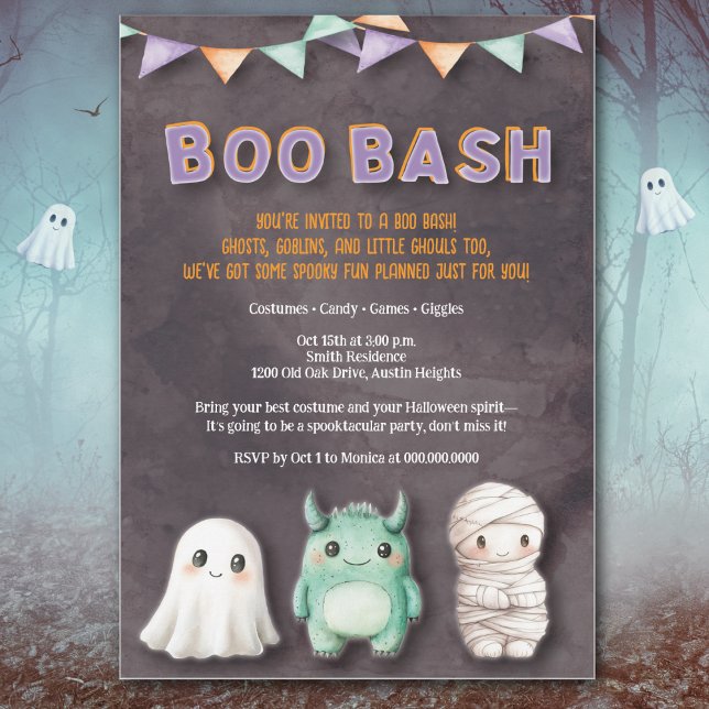 Roligt Kids Halloween fest Inbjudningar (Fun Boo Bash kids Halloween invite with cute ghost, mummy & monster in playful watercolor style.)