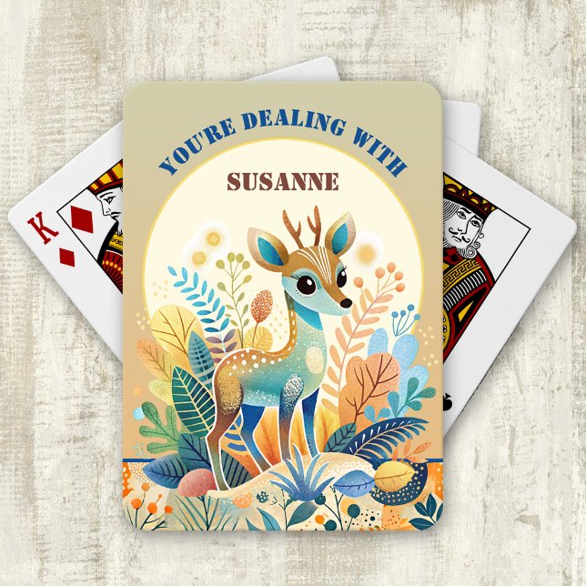 Roligt Kids Tecknad Hjort för uppspelningskort Casinokort (Deck of playing cards showing a cute colorful design with a retro cartoon deer. Child birthday gift)