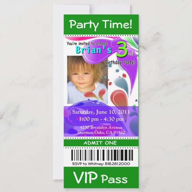Roligt Kids VIP Pass Event Biljett Photo Party (gr Inbjudningar (Framsida)