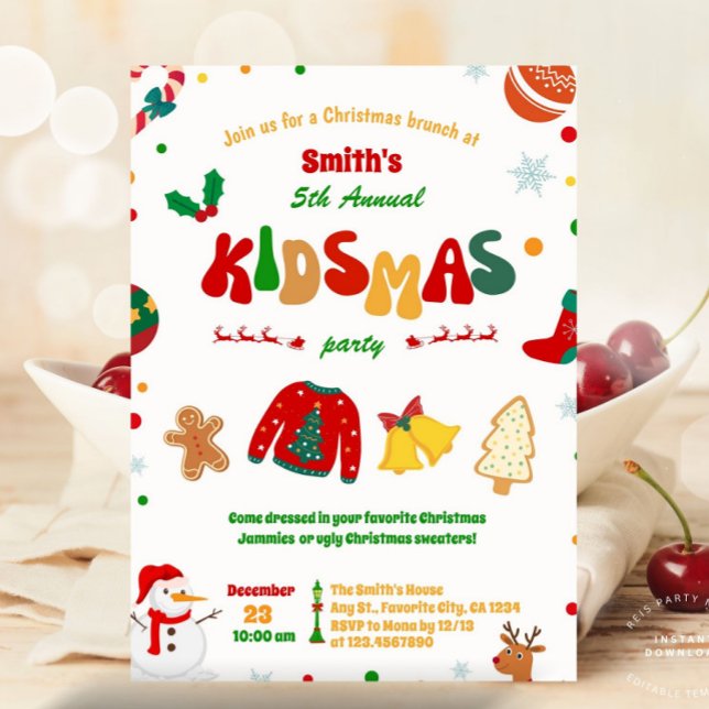 Roligt Kidsmas-Födelsedagsfestens Julfest Inbjudningar (holiday party invitation, christmas brunch, kidsmas, kidsmas party, annual party, kidsmas christmas )