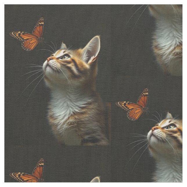 Roligt Kitten Butterfly Black Background Tyg (Närbild)
