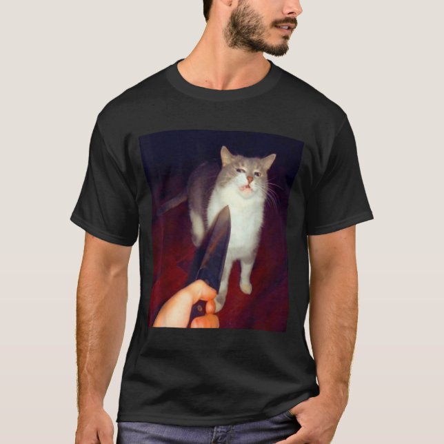 Roligt Kniv Katt Meme  T Shirt (Framsida)