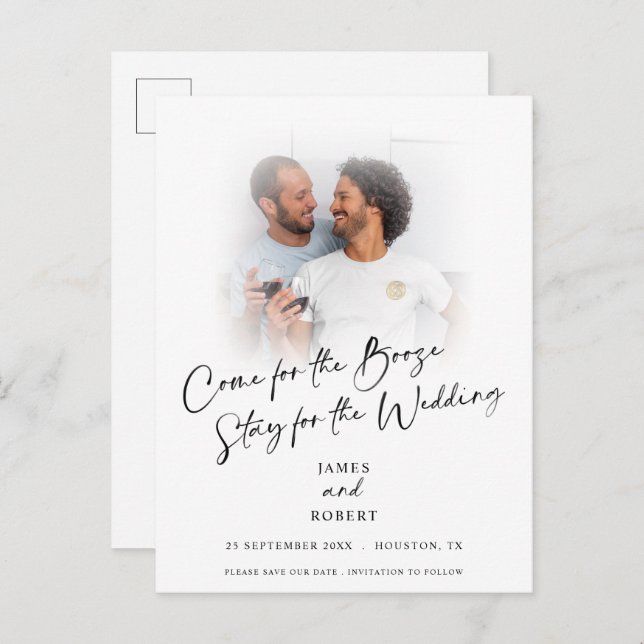 Roligt kommer för sprit foto spara datum tillkänna meddelande vykort (Fram/baksida)