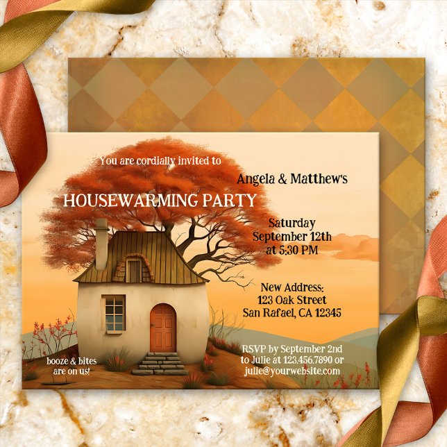 Roligt Konstnärlig hushållsuppvärmning Inbjudningar (Fun housewarming party invitation featuring a modern art painting of a whimsical home with tree)