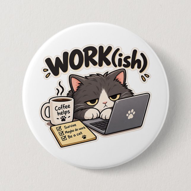Roligt Kontor Katt Kaffe Design för Arbete Knapp (Framsida)