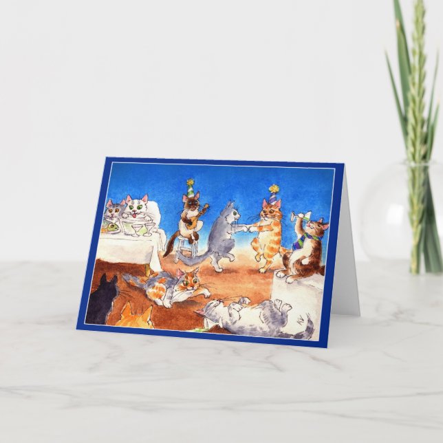 Roligt kort för hälsning för kattjulparty (Framsida)
