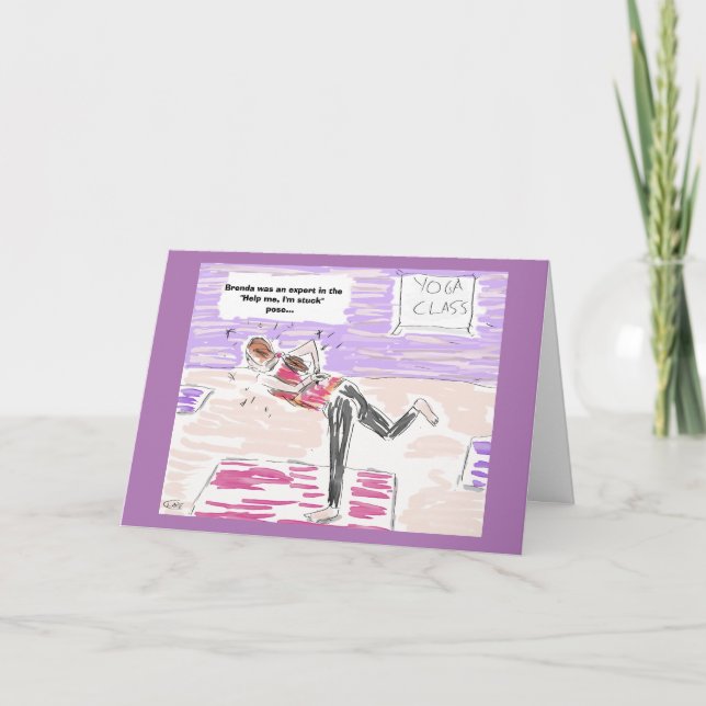 Roligt kort för hälsning för Yogatecknadgrattis på (Framsida)