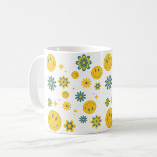 roligt leende ansikte och groovy blommor kaffemugg