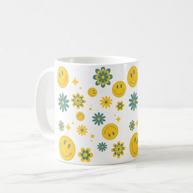 roligt leende ansikte och groovy blommor kaffemugg (Framsida vänster)