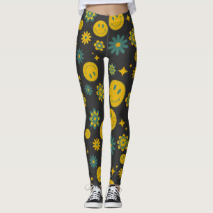 roligt leende ansikte och groovy blommor leggings