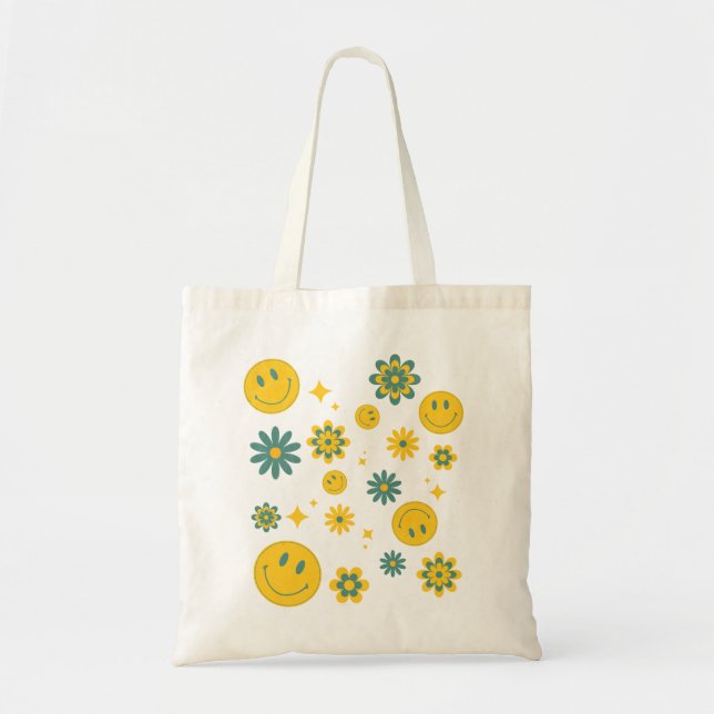 roligt leende ansikte och groovy blommor tygkasse (Framsidan)