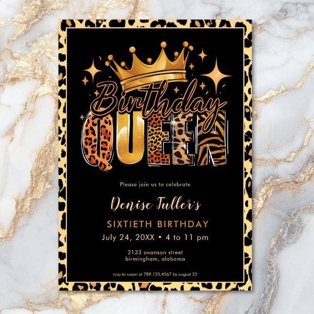 Roligt Leopard Birthday Queen 60 Birthday Inbjudningar (Fun Leopard Birthday Queen Sixty Birthday Invitation)