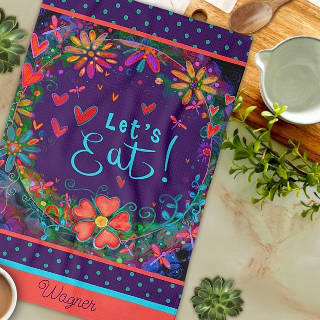 Roligt Let's Eat Quote Blommigt Heart Namn Kitchen Kökshandduk (Skapare uppladdad)