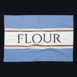 Roligt Light Blue White Kitchen FLOUR Tävla Rand Kökshandduk<br><div class="desc">Den här radiokulärdesignen har FLOUR-text inuti ett vitt vitt centrum rand,  som är markerat med ränder för svart,  gult och vit tävla mot mjuka blå yttre ränder. Texten kan vara personlig.</div>