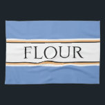 Roligt Light Blue White Kitchen FLOUR Tävla Rand Kökshandduk<br><div class="desc">Den här radiokulärdesignen har FLOUR-text inuti ett vitt vitt centrum rand,  som är markerat med ränder för svart,  gult och vit tävla mot mjuka blå yttre ränder. Texten kan vara personlig.</div>