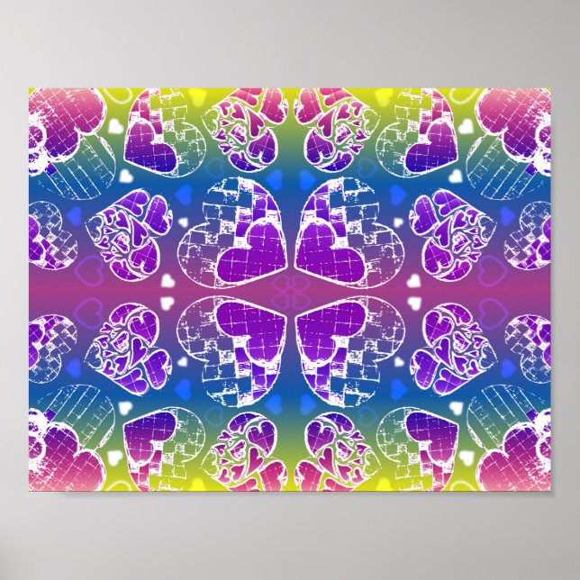 Roligt Lila, blått, gult Whimsical Hearts mönster Poster (Framsidan)