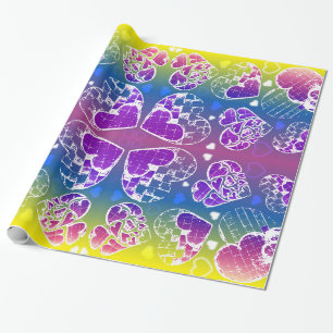 Roligt Lila, blått, gult Whimsical Hearts mönster Presentpapper