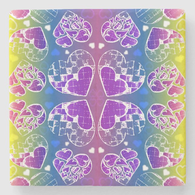 Roligt Lila, blått, gult Whimsical Hearts mönster Stenunderlägg (Framsidan)