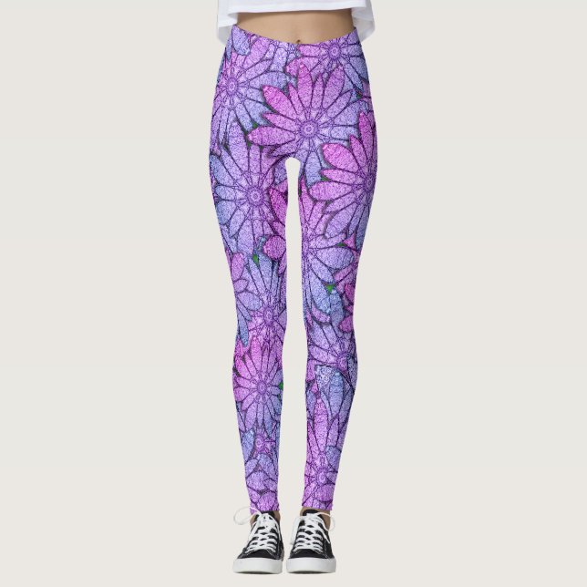 Roligt Lila blommor Leggings (Framsida)