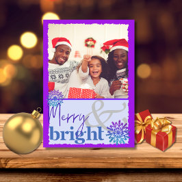 Roligt Lila Blue Merry and Bright Snowflake Photo Julkort