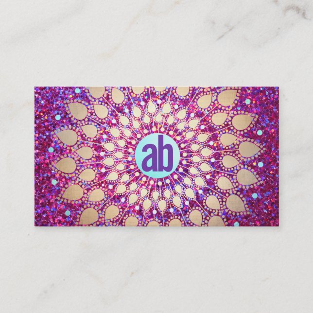 Roligt Lila Glitter Festive Monogram Visitkort (Framsida)