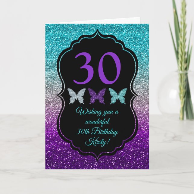 Roligt Lila Grått Blue Glitter Gnistra Birday Card Kort (Framsida)