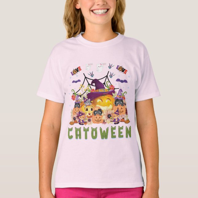 Roligt Lila Hat Catoween, Cute Orange Pumpkin, Cat T Shirt (Framsida)