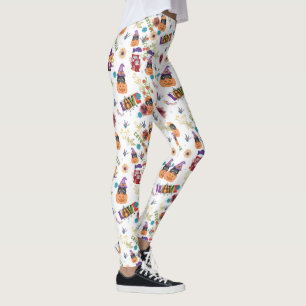 Roligt Lila Hat Catoween, Orange Pumpkin Leggings