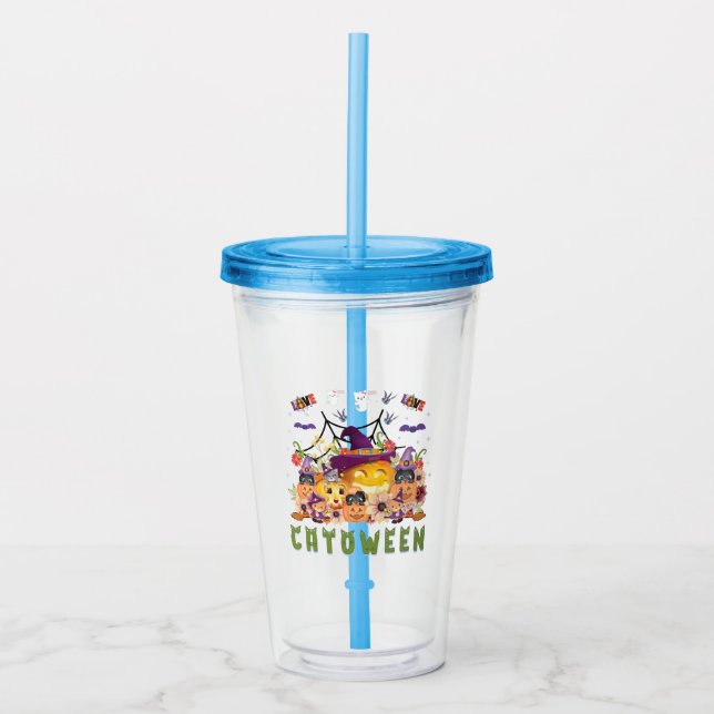 Roligt Lila Hat Catoween, Orange Pumpkin Take Away Mugg (Framsida)