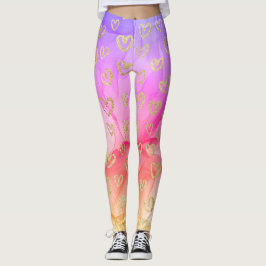 Roligt Lila Rosa Gult Faux Foil Guld Hearts Leggings