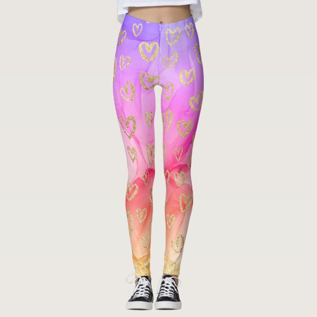 Roligt Lila Rosa Gult Faux Foil Guld Hearts Leggings (Framsida)