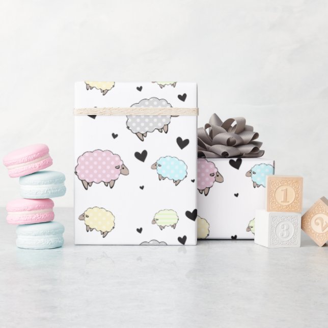 Roligt Little Sheep & Hearts Mönster Presentpapper (Baby Shower)