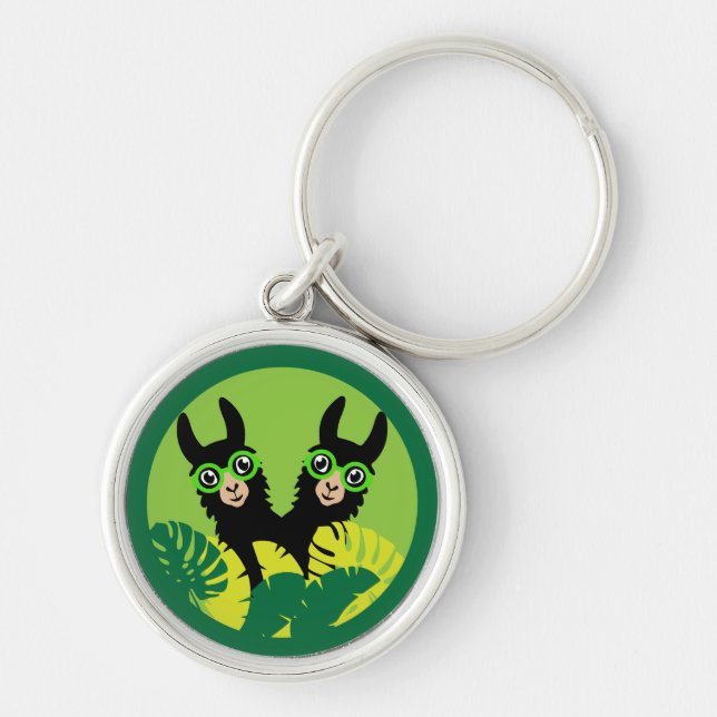 Roligt Llama Alpacas bästa vänner Rund Silverfärgad Nyckelring (Framsidan)