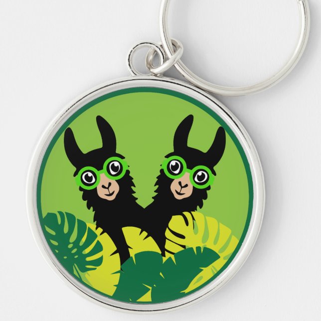 Roligt Llama Alpacas bästa vänner Rund Silverfärgad Nyckelring (Framsidan)