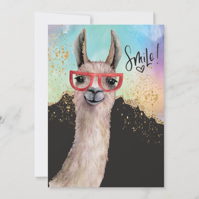 Roligt Llama Glitter Vattenfärg Bröllopet Uppskjut Inbjudningar (Baksida)