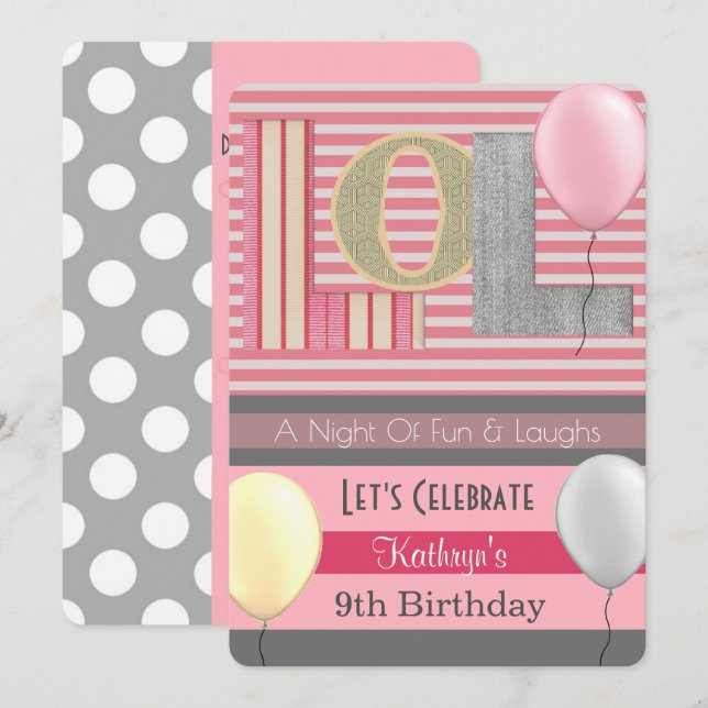 Roligt "LOL Girl Slumber Party Birthday" Inbjudningar (Fram/baksida)