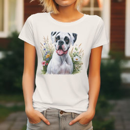 Roligt Loving White Boxer Hund bland Blommor T Shirt