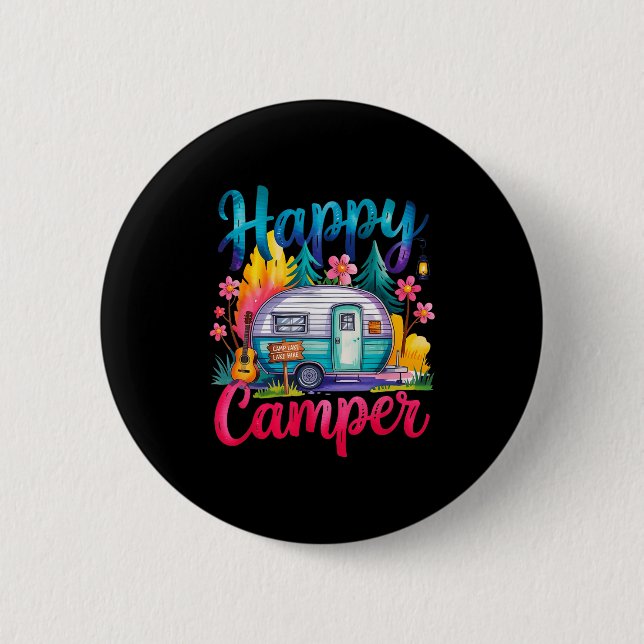 Roligt lycklig campare camping kläder trailer husb knapp (Framsida)