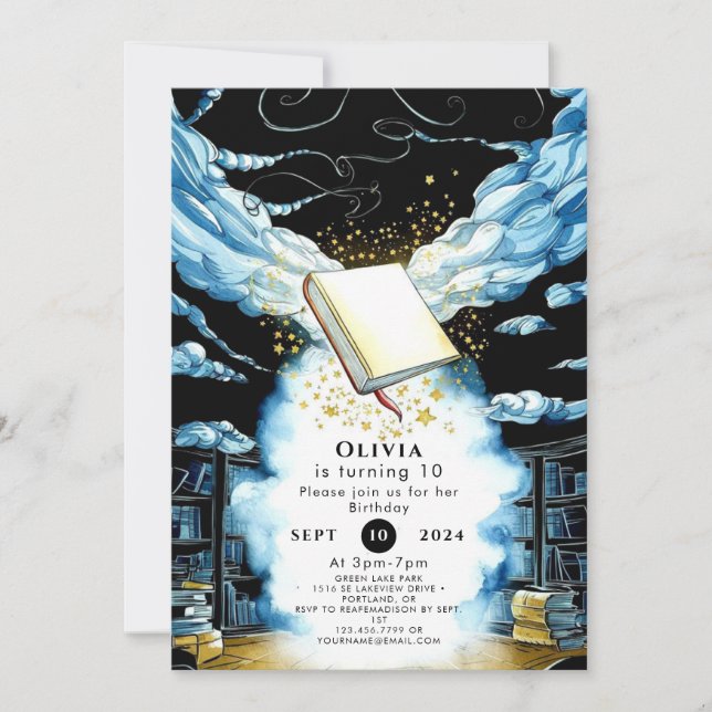 Roligt Magic Bibliotek Storybook Birthday Inbjudningar (Framsida)