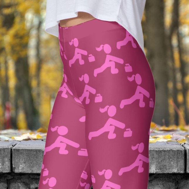 Roligt Maroon Red and Rosa Womens Curling Mönster Leggings (Womens Curling on Maroon Leggings)