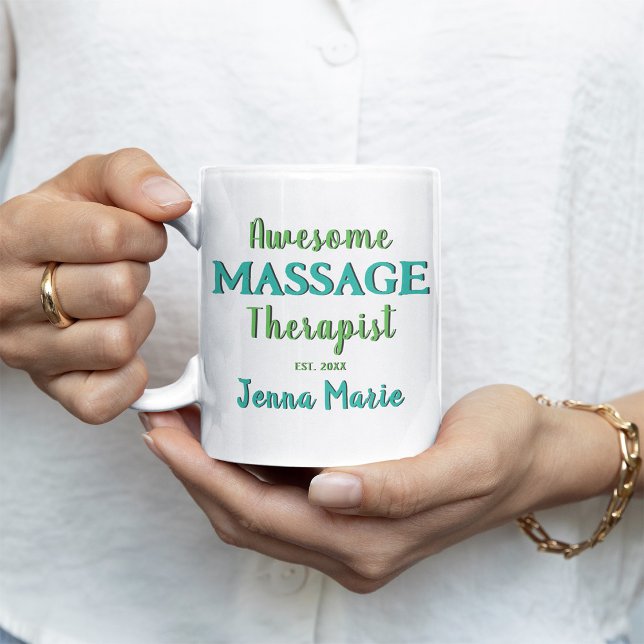 Roligt Massage Therapist Teal Text Art Kaffemugg (Awesome Massage Therapist Customized Coffee Mug)