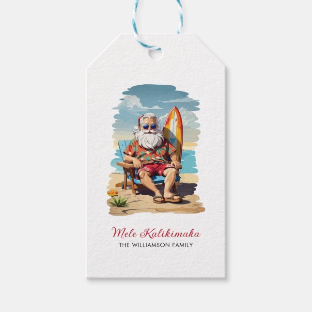 Roligt Mele Kalikimaka Santa Surfer jul Helgdag Presentetikett (Framsidan)