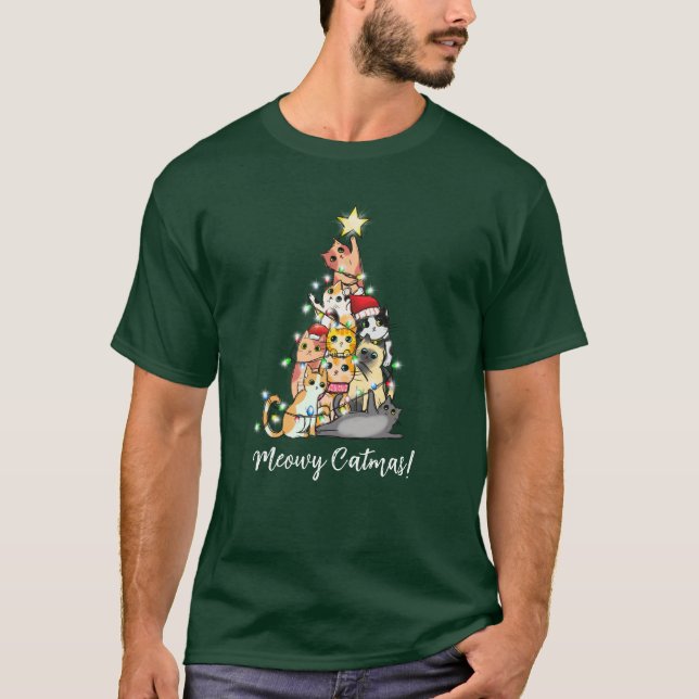 Roligt Meowy Catmas Cat Julgran T Shirt (Framsida)