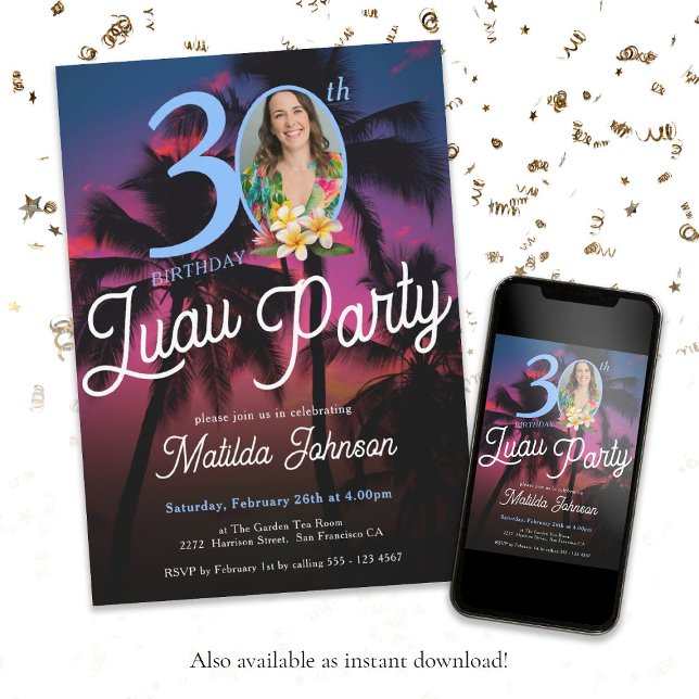 Roligt Modern Anpassningsbar Photo Luau Party 30år Inbjudningar (Fun 30th Birthday Luau Party Modern Custom Photo Invitation)