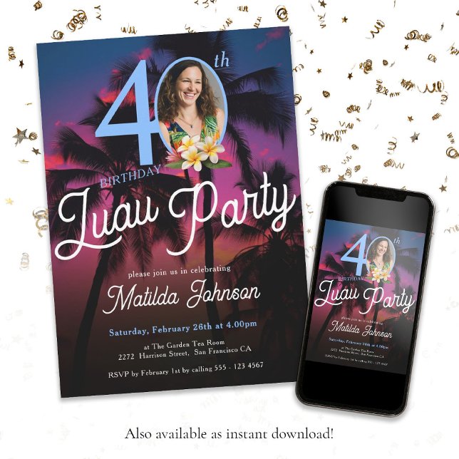 Roligt Modern Anpassningsbar Photo Luau Party 40:e Inbjudningar (Fun 40th Birthday Luau Party Modern Custom Photo Invitation)